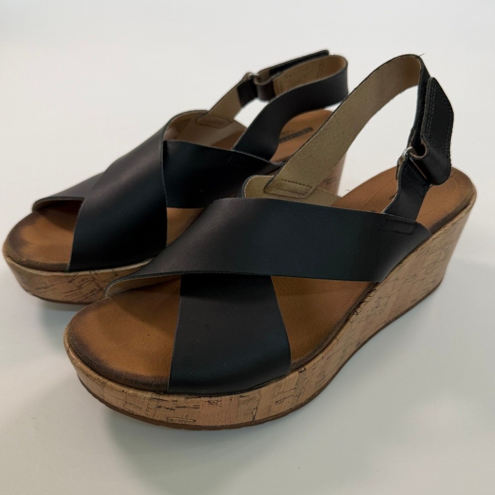 Clarks Black Cork Wedge Slingback Sandals